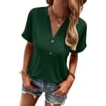 thumbnail image 2 of Franhais Women T-shirt, V-neck Short Sleeve Button Closure Solid Loose Summer Blouse Tops for Casual Daily, 2 of 6