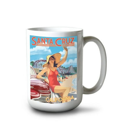 

15 fl oz Ceramic Mug Santa Cruz California Woman Waving and Rides Dishwasher & Microwave Safe