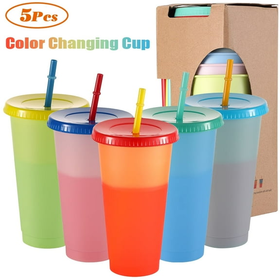 Codream 5pcs Reusable Water Bottles With Straws Color Changing Cold Cups Tumblers - 24oz Restaurant-Quality Beverage Tumblers with Lids,Perfect DIY Gifts