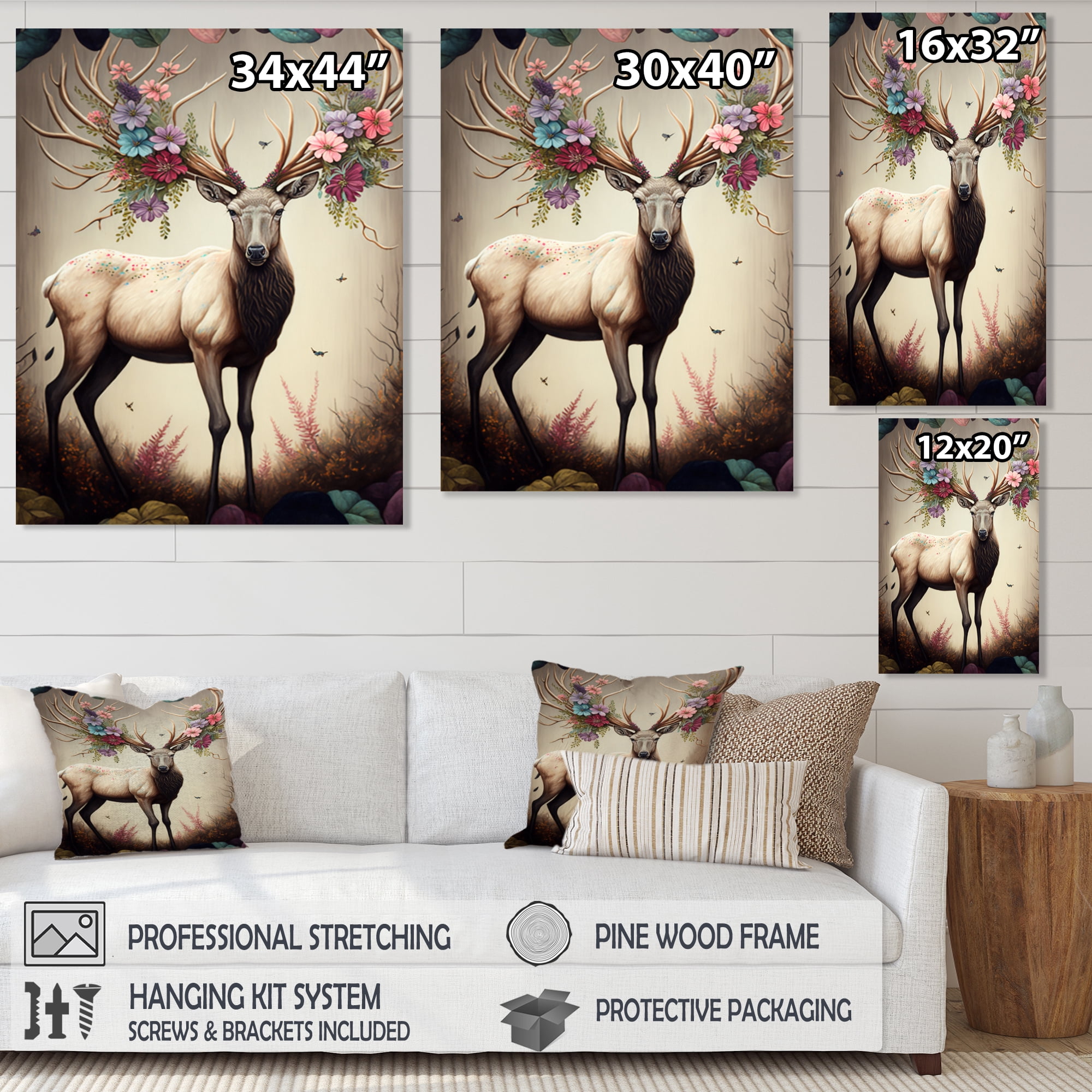 Designart Caribou With Blooming Antlers Canvas Wall Art