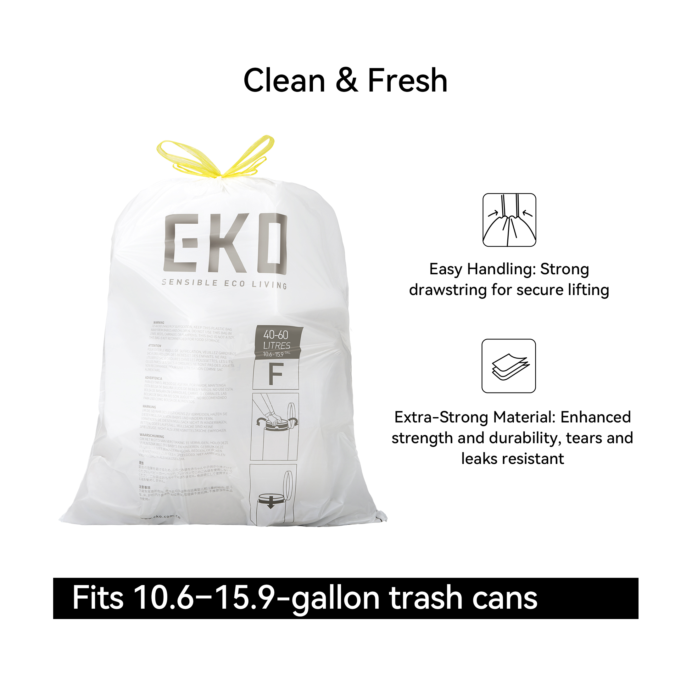 EKO Extra Strong 13 Gallon Kitchen Trash Bags, 48 Count photo 2