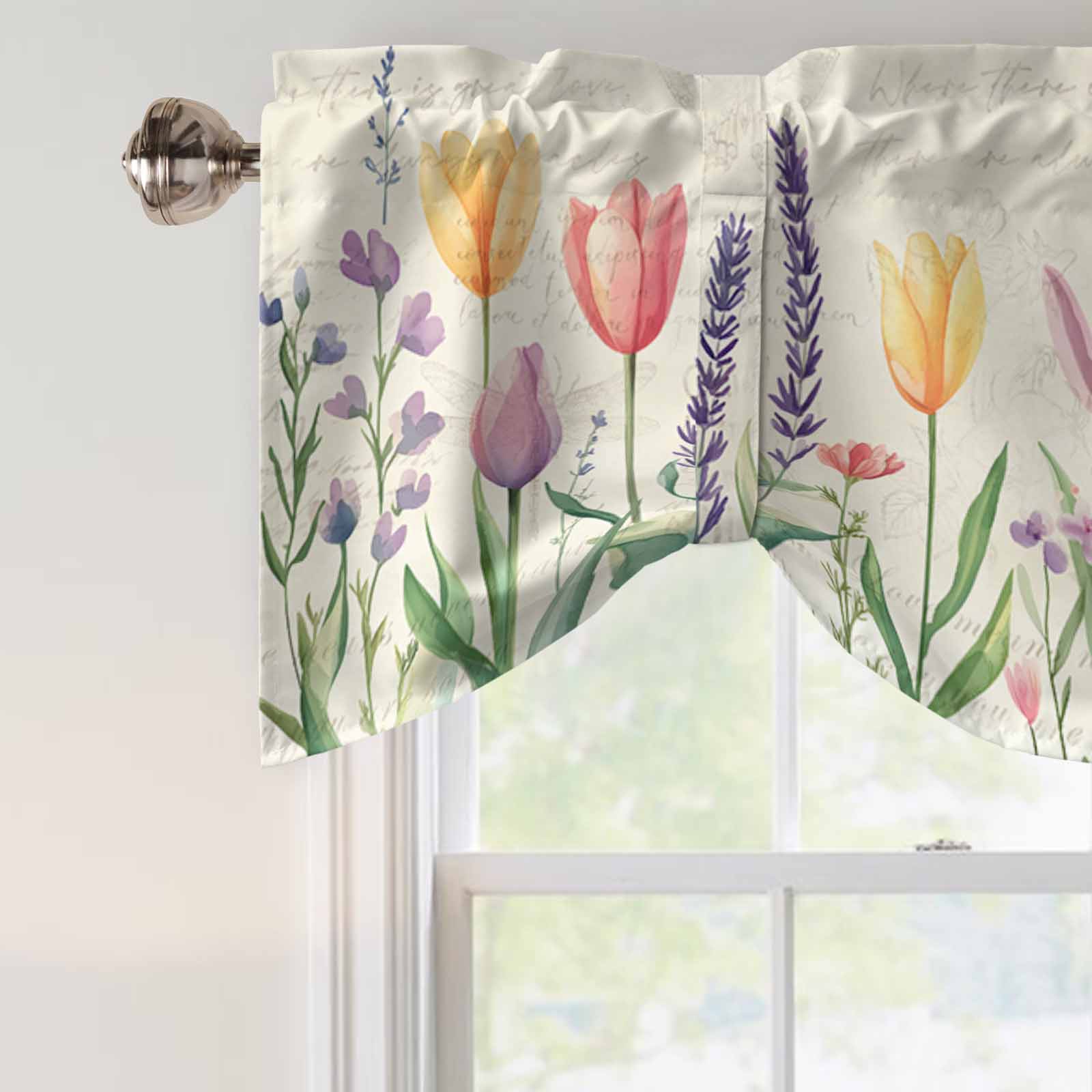 Spring Tulip Tie Up Valances Curtain, Colored Flower Plant Linen Texture Adjustable Rod Pocket Short Window Treatment Tie Up Curtains Valances for Kitchen Living Room Bathroom 54x18 Inches