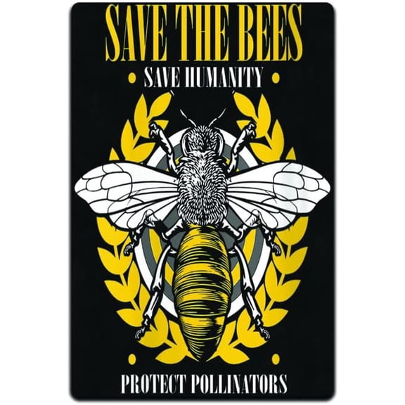 Save The Bees Save Humanity Metal Wall Sign, Honeycomb Bumblebee Garden Decor, 12 x 8 Inch Tin, Indoor Outdoor