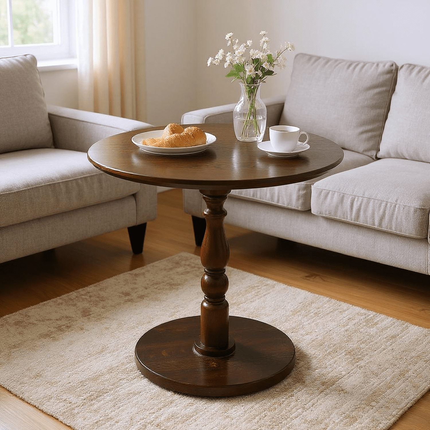Homy Casa Round Side Table, 23.22 in Small Pedestal End Table for Living Room Bedroom, Walnut