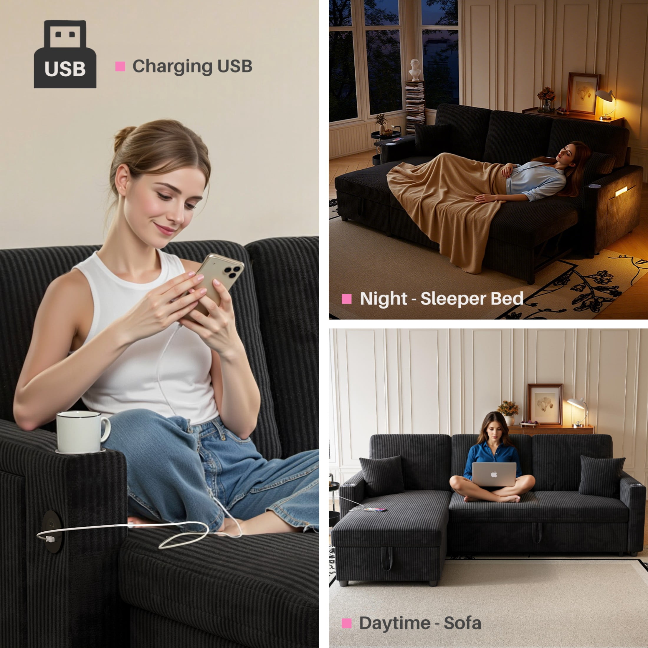 Sleeper Sectional Sofa, 83" Convertible Sofa Bed with Pull Out Couches, Small Desktop, L Shaped Couch with Reversible Chaise, Cup Holders, USB, Modern Corduroy Sofas for Living Room Apartment, Black