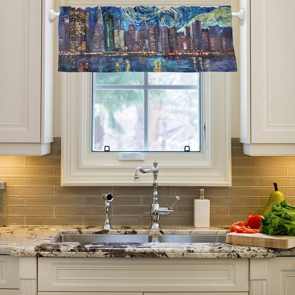 Starry Sky Houses Sea Curtain Valances Farmhouse Design Window Treatment Decor Blackout Rod Pocket for Windows Living Room Kitchen 54" x 18"