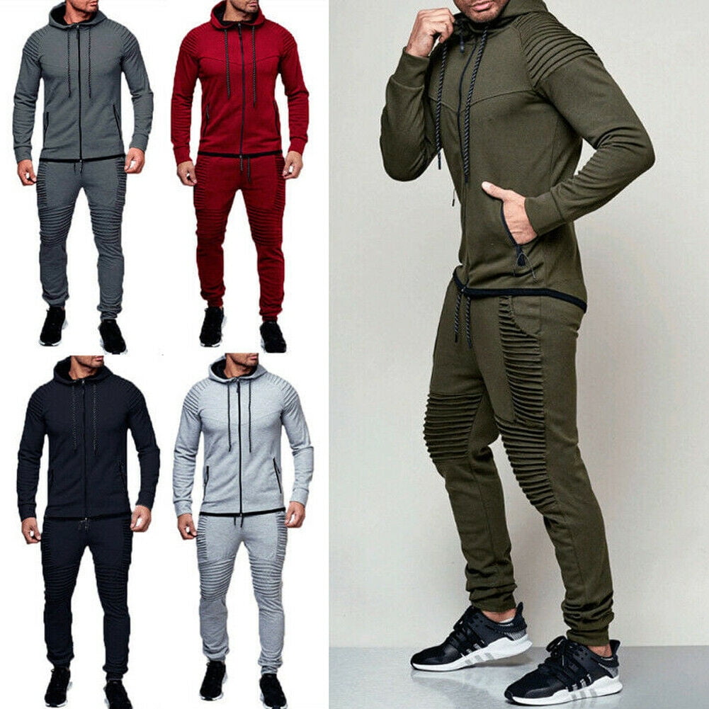 Men's Sport Slim Tracksuit Zipper Jacket+Jogging Pant Athletic Apparel Suit 2Pcs 
