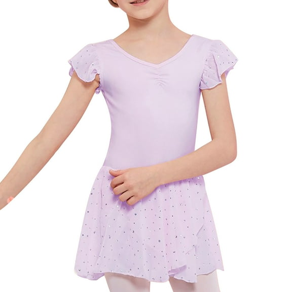 Girls Leotards for Ballet Short Sleeve Purple Ballet Leotards for Girls with Glitter Skirt Kids Ballet Outfit Ballet Dress for Girls 7-8 Years