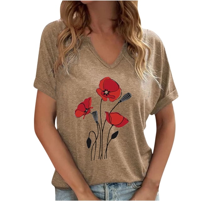 Birdeem Mode Décontractée pour Femmes Blouses à Manches Courtes Imprimées Col en V T-Shirts Hauts