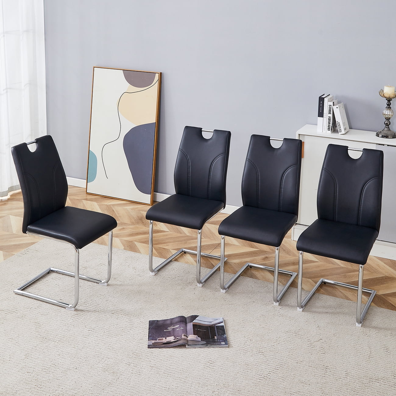NYEESS Set of 4 Black PU Dining Chairs with Silver Metal Legs, Modern Ergonomic Seating for Kitchen or Office