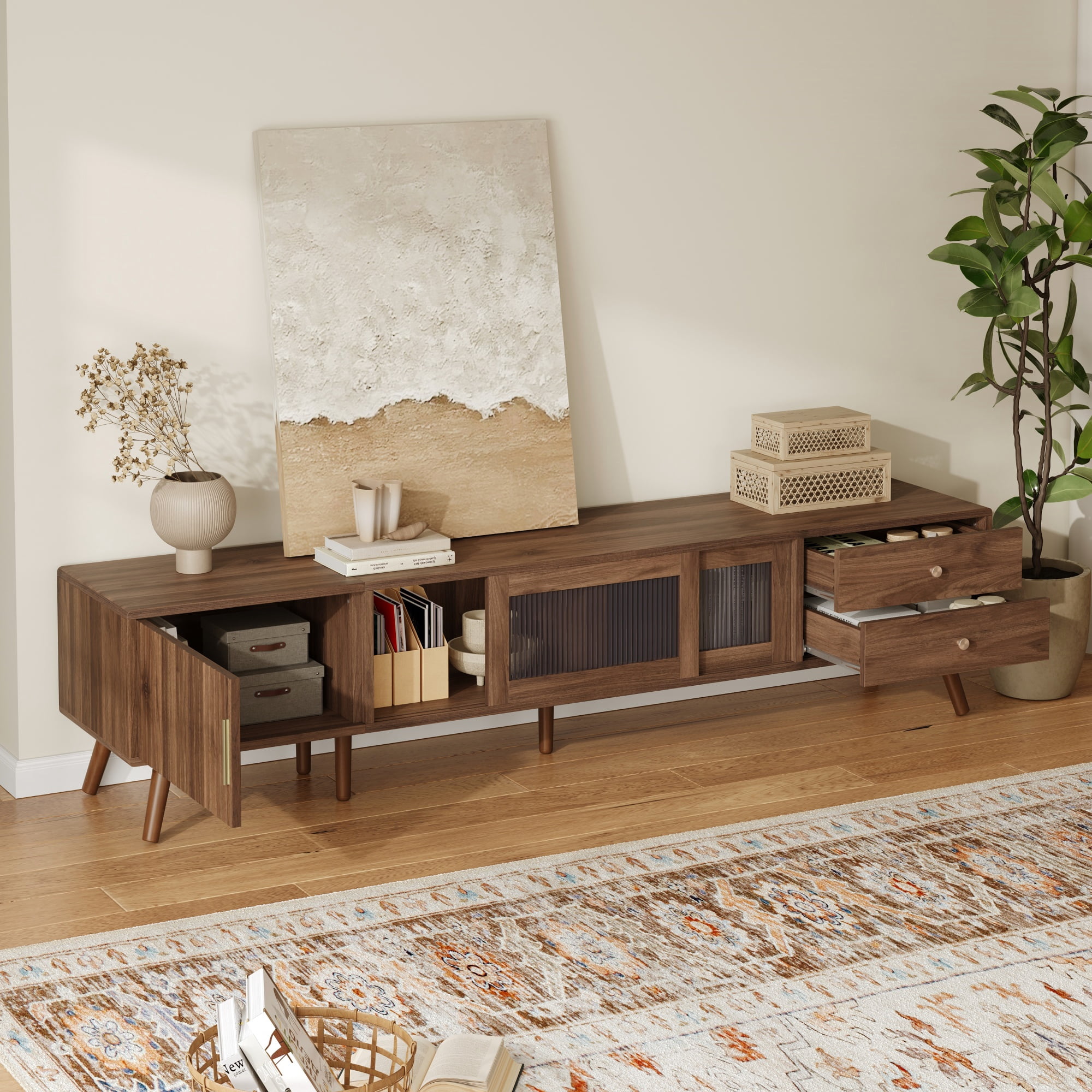 76 Inch Modern Minimal TV Stand for 85 Inch TV, Entertainment Center with Glass Doors and Storage Cabinets, TV Media Console Table for Living Room, Natural Wood