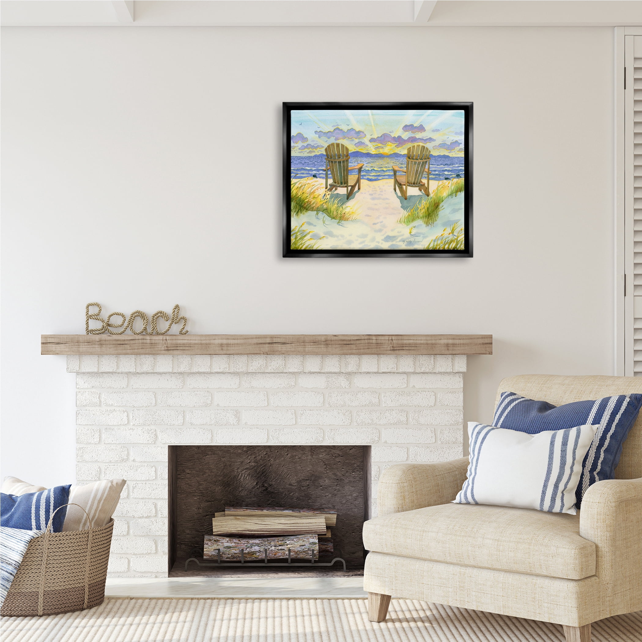 Stupell Industries Nautical Beach Chairs View Nature Painting Black Floater Framed Art Print Wall Art, 31 x 25