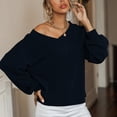 thumbnail image 2 of Prendas de punto Mujer Cuello en V Linterna Manga larga Suéter de punto suelto Camisa de tejer Top para otoño Azul marino L, 2 of 6