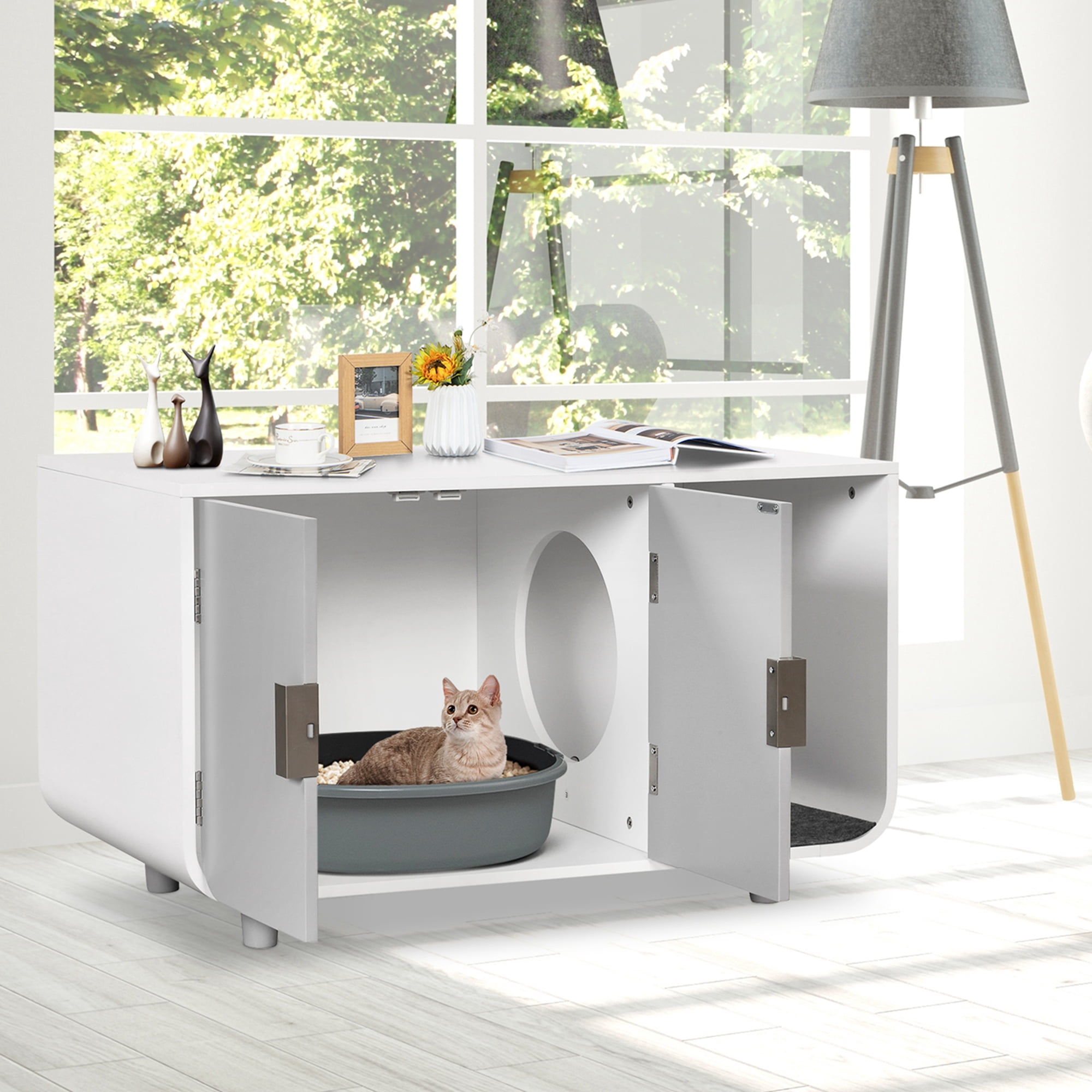 Costway Cat Litter Box Enclosure Furniture Hidden Cat Washroom with Rubber Wood Legs
