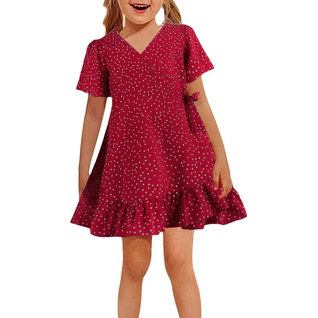 Kmbangi Robe à Pois Rouges pour Maman et Moi, Manches Courtes, Col en V, Ourlet à Volants, Été, Décontractée, Ligne A, Parent-Enfant