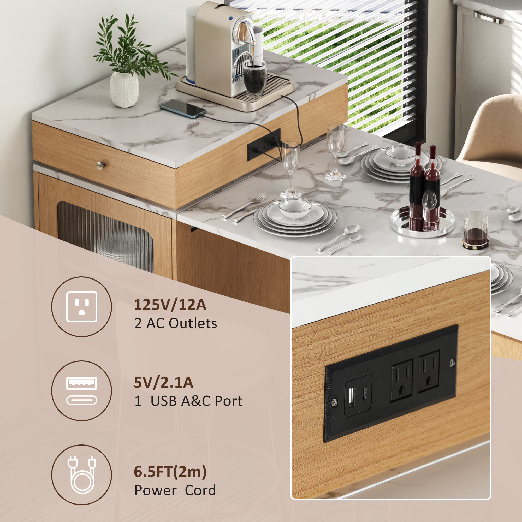 MODERNLUXE 59.5" Kitchen Island with Extendable Dining Table,Large Mobile Kitchen Storage Table with Double-sided Storage,2 Drawers, Open Shelves & Power Outlet,Rolling Islands Cart for Dining Room
