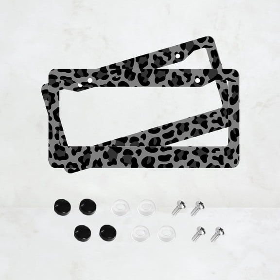 2PC Black Grey Leopard Print License Plate Prame Aluminum Rust-Proof Auto Parts License Plate Decorative Screws Fit Standard 2 Holes 1 U.S. License Plate, 12.2x 6.3 Inch