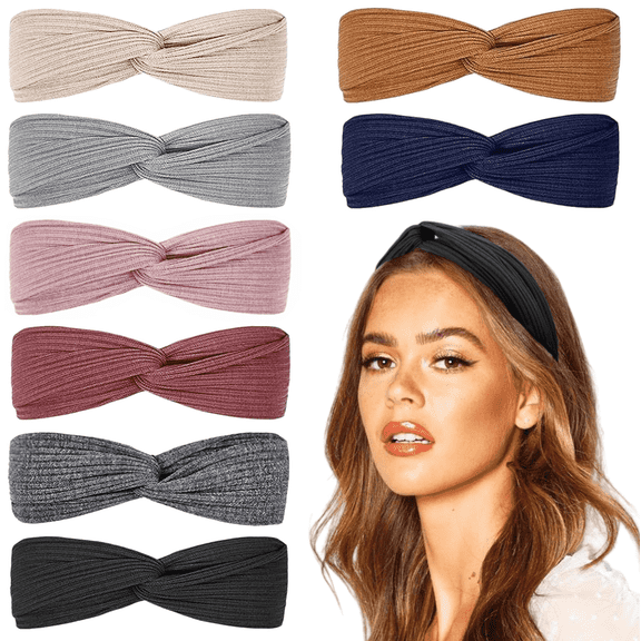 Ribbed Knit Headbands for Women (8-Pack) - Non-Slip Stretchy Hair Bands for Yoga, Workout | Soft Breathable Solid Color Turban Headwrap