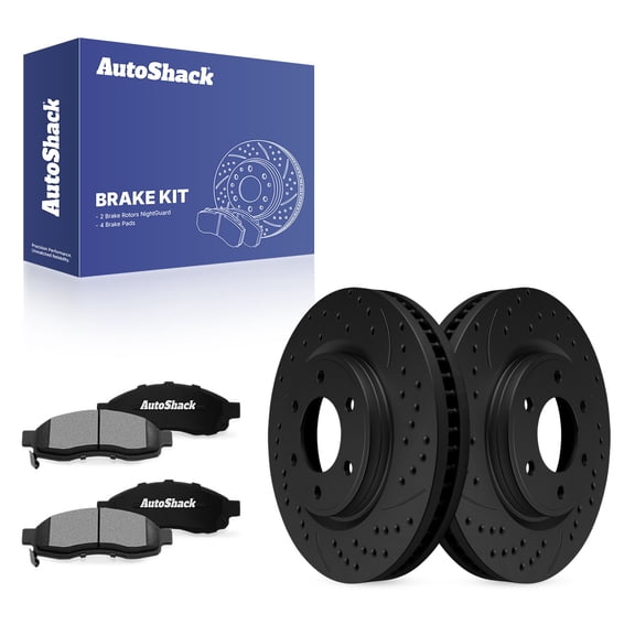 AutoShack Front Brake Rotors & Ceramic Pads for Nissan, TITAN 2007, 4WD RWD V8 5.6L - E-Coated Drilled & Slotted - Black Finish - NightGuard - 13.77" (349.7 mm), 6-Lug