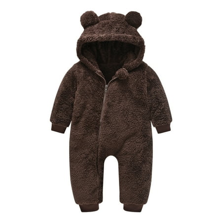 

Kid s Hooded Plush Jumpsuit with Cute Bear Ears Hood Zipper Onesie Pajamas Long Sleeve for Sleeping Daily Solid Color Winter Bodysuit Child s Home Suit 70 Dark Brown