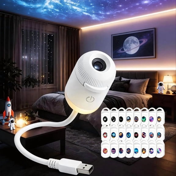 HD Smart Dynamic 5D Holographic Night Light Projector, Plug and Play 2-in-1 Galaxy Star and Ocean Projector, 360 Rotating USB Powered Ceiling Light for Bedroom Decor (with 24 Films)