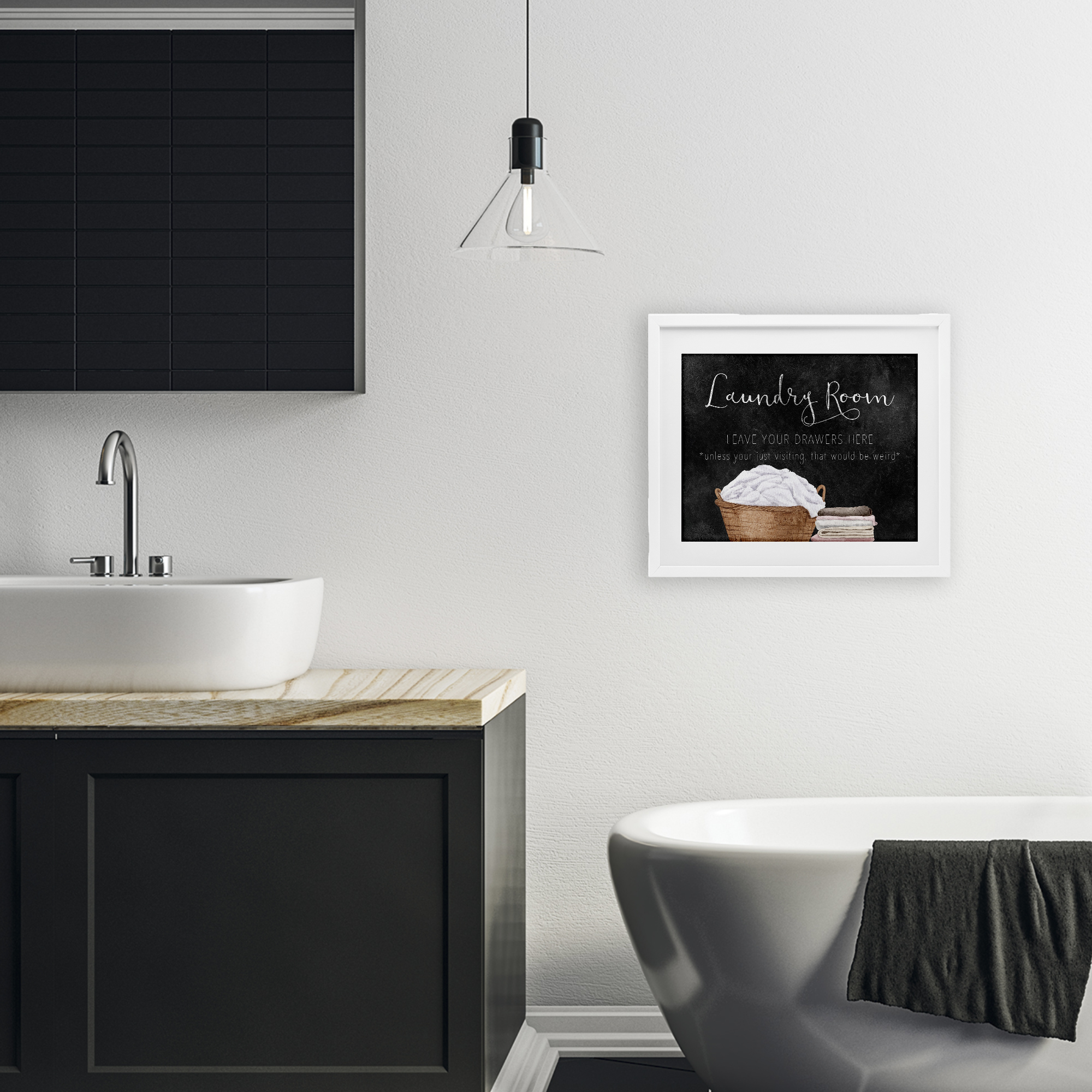 Leave Your Drawers Laundry White Framed Print Under Glass, design by Kim Allen