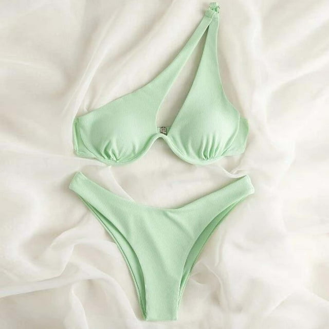 Cameland Ladies' Sexy Split Shoulder Steel Support Bikini Solid Color Two-piece Swimsuit