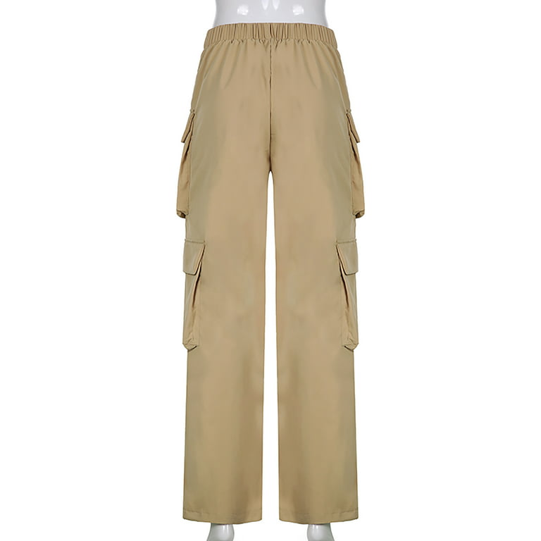 YYDGH Cargo Pants Women Baggy Streetwear V-Shaped High Waisted Casual  Overalls Solid Color Regular and Plus Size Trousers Brown M