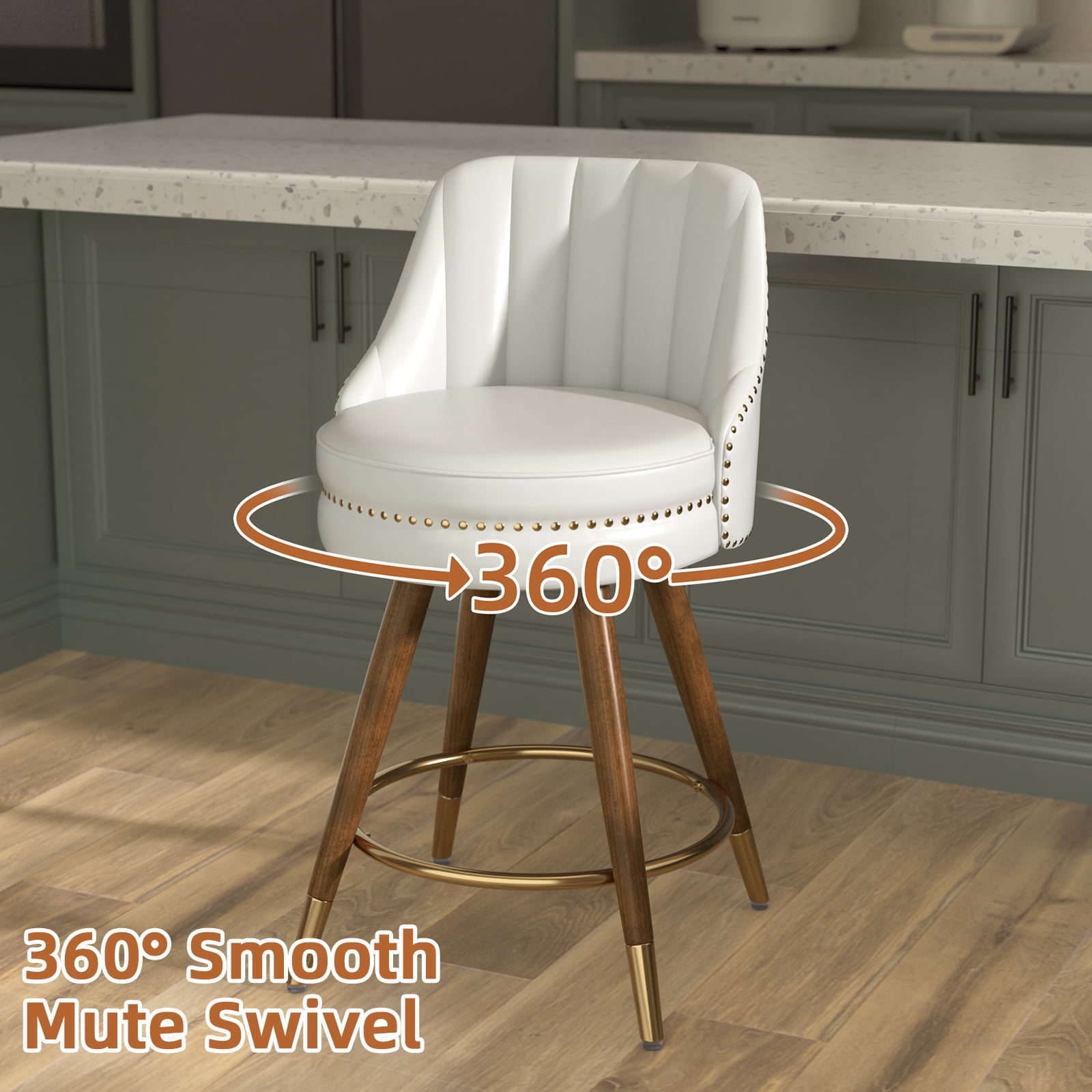 Genpo 24" Counter Height Bar stools Set of 2, White Leather Bar Stools with Backs, Swivel Counter Stools with Wooden Legs For Kitchen Island