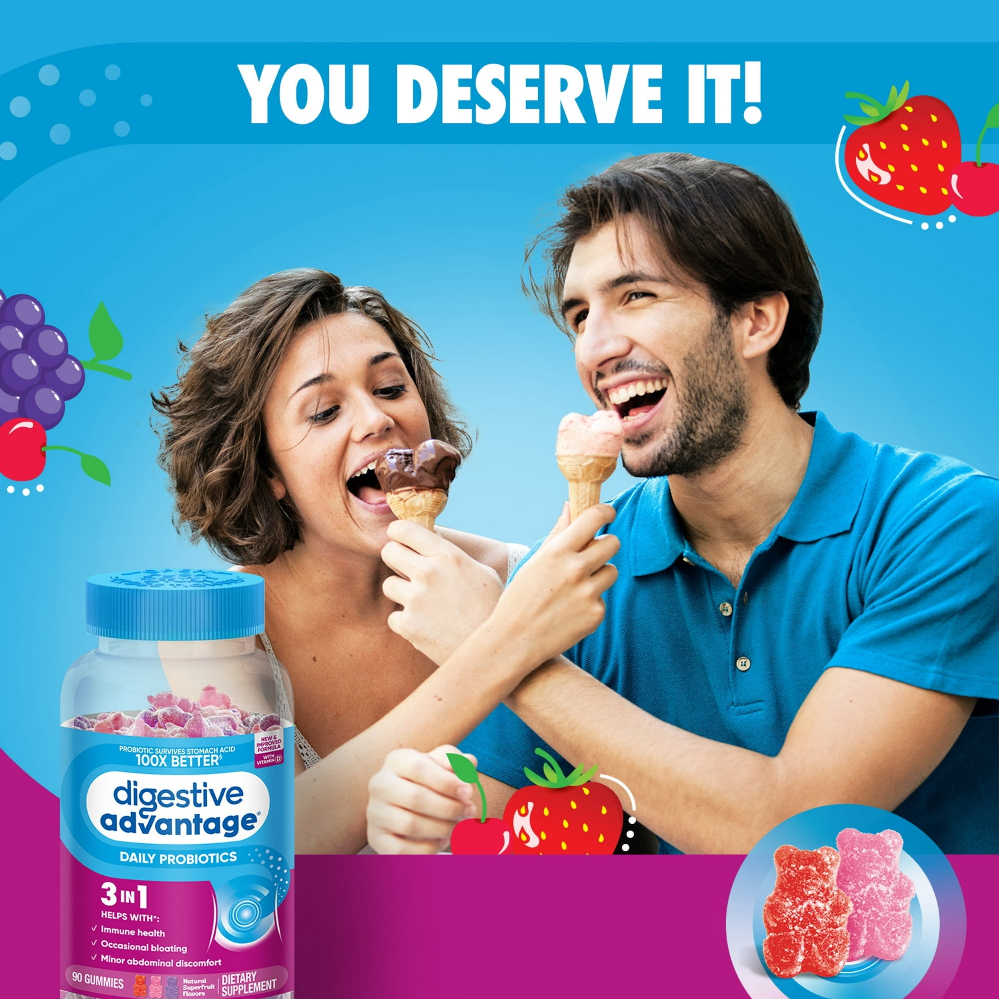 Digestive Advantage Gummies for Digestive Health, Daily Probiotics for Women & Men, Support for Occasional Bloating, Minor Abdominal Discomfort & Gut Health, Superfruit Flavor, 90 Count (Pack of 2)