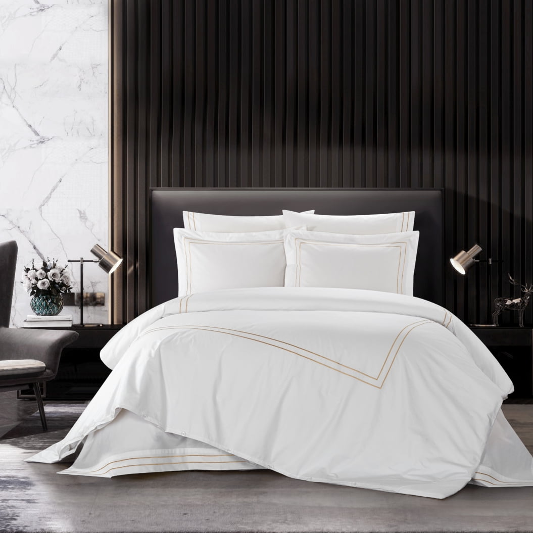 Alfrey 3 Piece Organic Cotton Duvet Cover Set Solid White With Dual Stripe Embroidered Border Hotel Collection Bedding