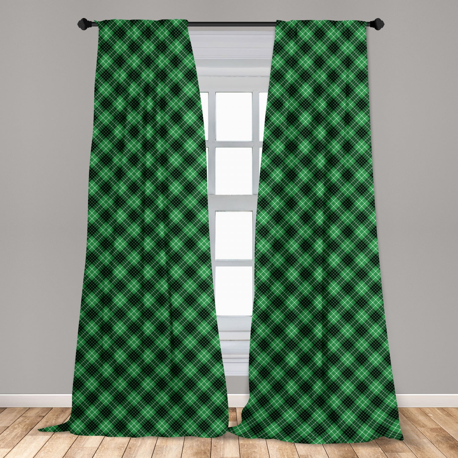 Plaid Curtains 2 Panels Set, Diagonal Tartan Vibrant Green Color Geometrical Design with Stripes
