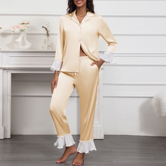 Uaswgudfs Women's Solid Color Casual Turn - down Collar Pajama Set w/ Ruffle Trim Loungewear Sleepwear for Women