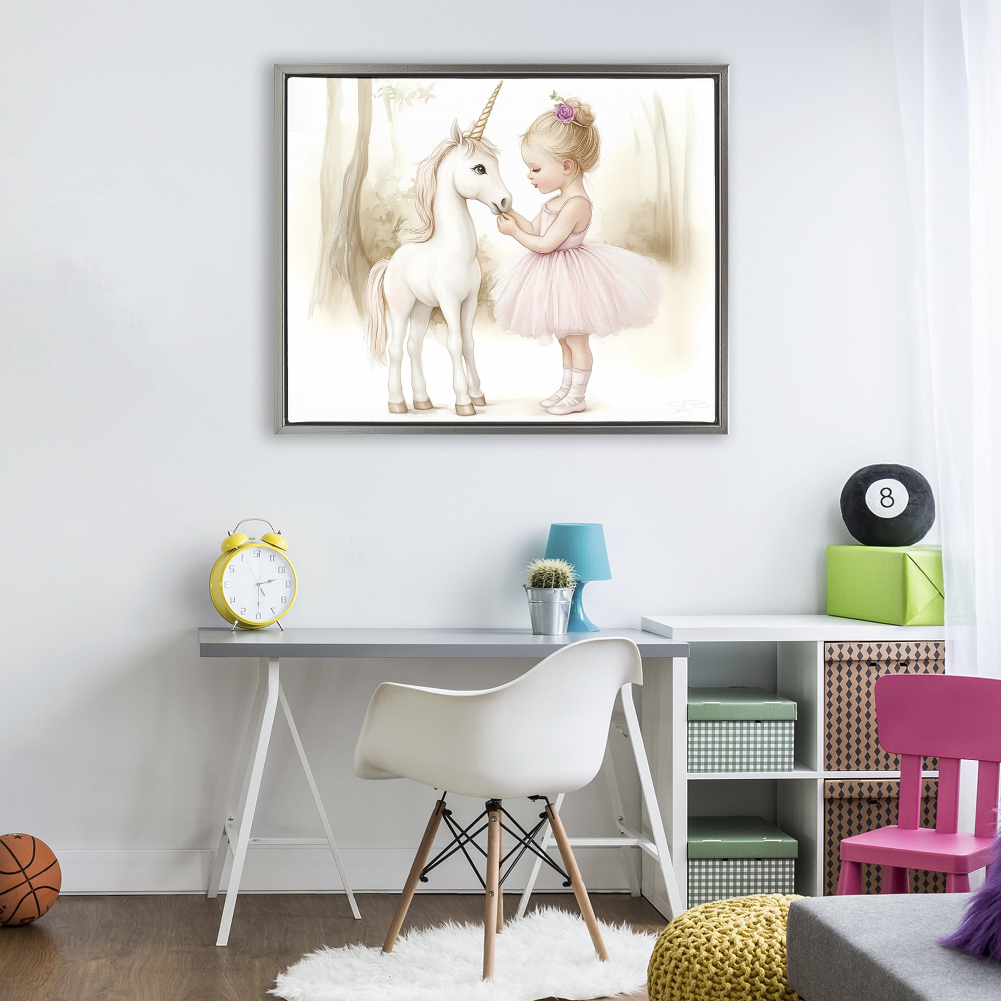 Stupell Industries Girl & Unicorn Friendship Gray Framed Floater Canvas Wall Art, design by Whimsical Wonders