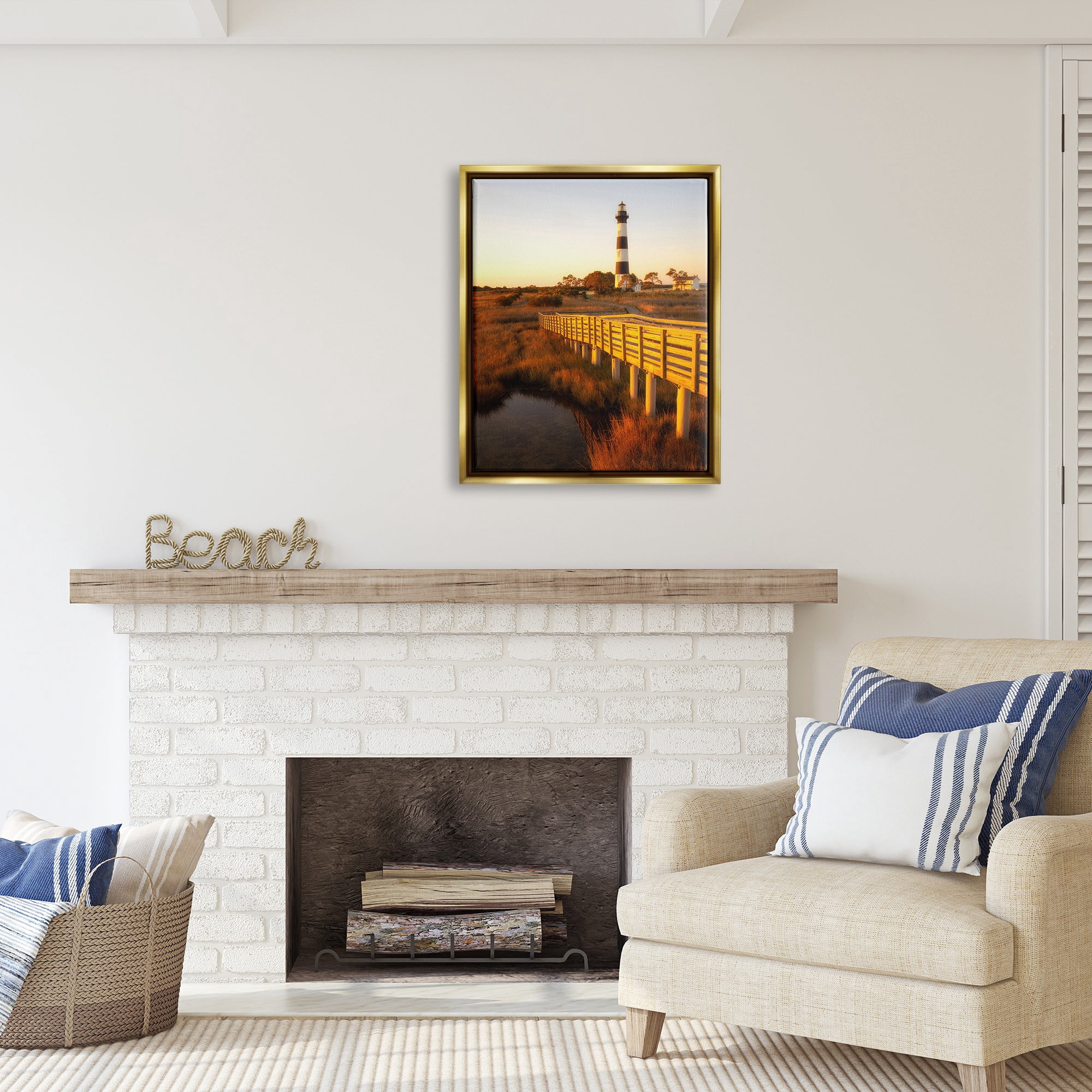 Stupell Industries Bridge to Lighthouse Nature Photography Gold Floater Framed Canvas Art Print Wall Art, 25 x 31