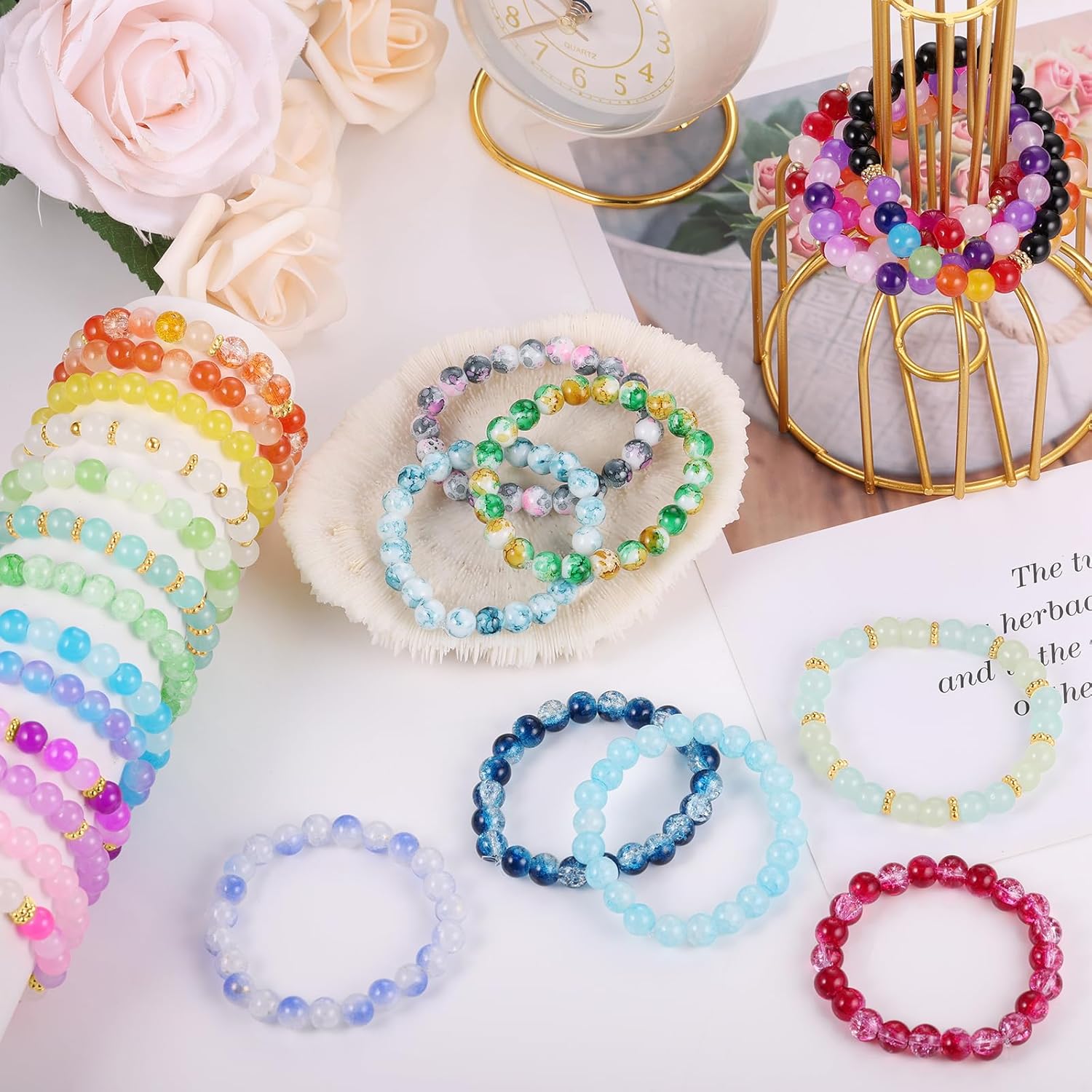 8mm Glass Beads Bracelet Making Kit, 1540pcs 70 Colors Crystal Beads for Jewelry Making, Round Glass Beads for Bracelets and DIY Crafts, Solid and Crackle Colors