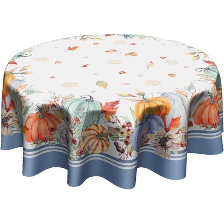 Blue Pumpkin Fall/Autumn Tablecloth Fall Leaf Round Tablecloth 60 Inch Thanksgiving Harvest Table Cloth for Farmhouse Kitchen Decor Polyester Fabric Autumn Table Cover for Party Outdoor Camping