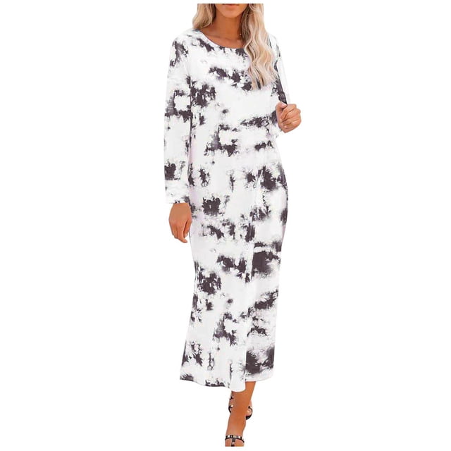 Pompotops Robe Décontractée Mode Femme Teinture sur Nœuds Manches Longues Fendue sur le Côté Confortable en Solde