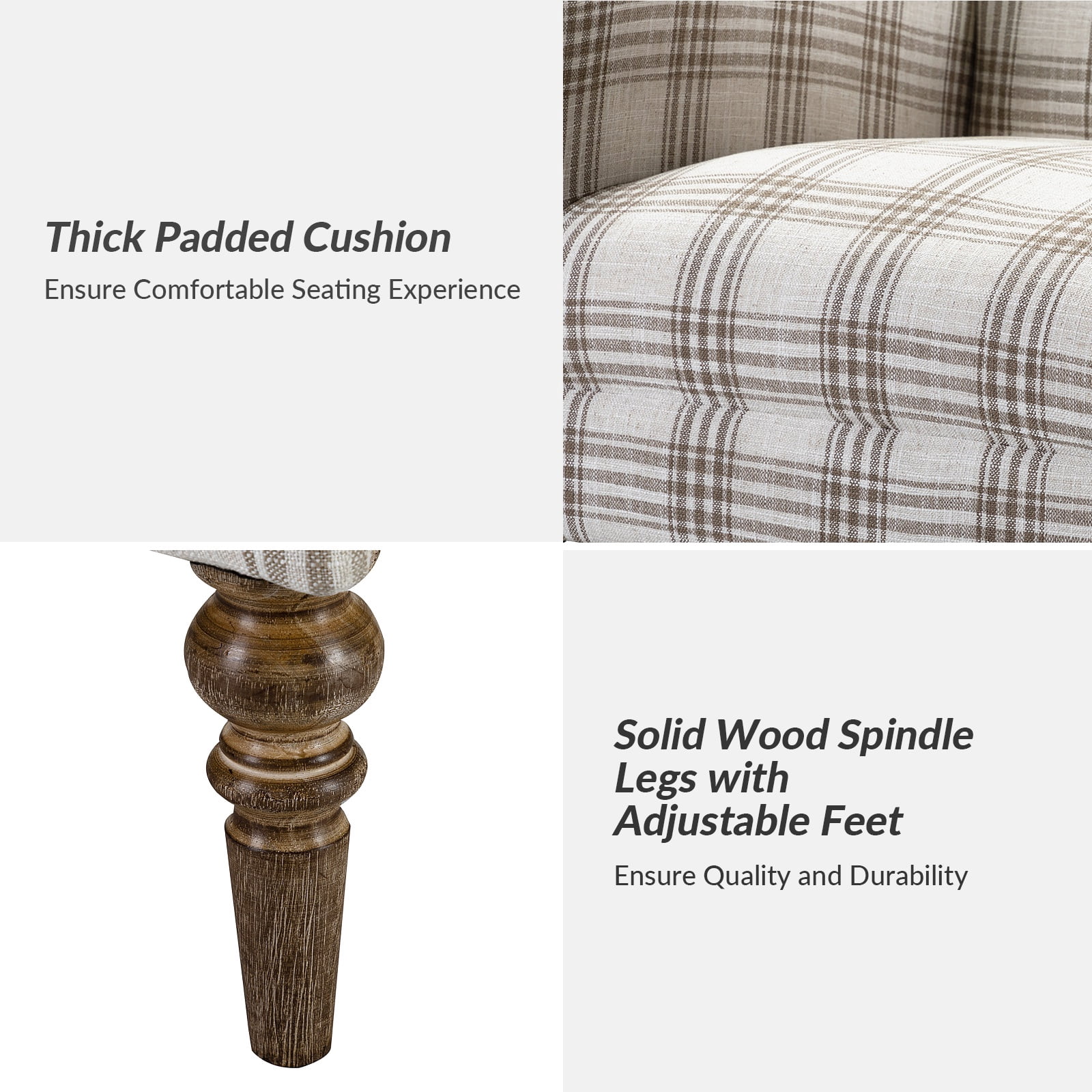 Tina's Home Farmhouse Plaid Accent Chair with Carved Wood Legs ,29.5”W Upholstered Rustic Armchair for Living Room, Bedroom or Reading Nook, GREENGUARD Certified, Tan