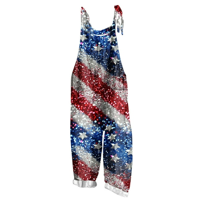 Combinaison Sans Manches Imprimée pour la Fête de l'Indépendance pour Femmes, Polyester Décontracté à Deux Poches, Longueur Régulière, Bleu, Lavage à la Main Froid