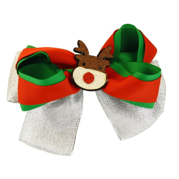 Christmas Reindeer Ribbon Salon Clip Hair Bow - 1 Pc.