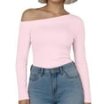 thumbnail image 4 of kaprioy Womens Boat Neck Tops Casual Fitted Tee Shirts Solid Color Fall Basic Clothes Long Sleeve Shirts Pink, M, 4 of 9