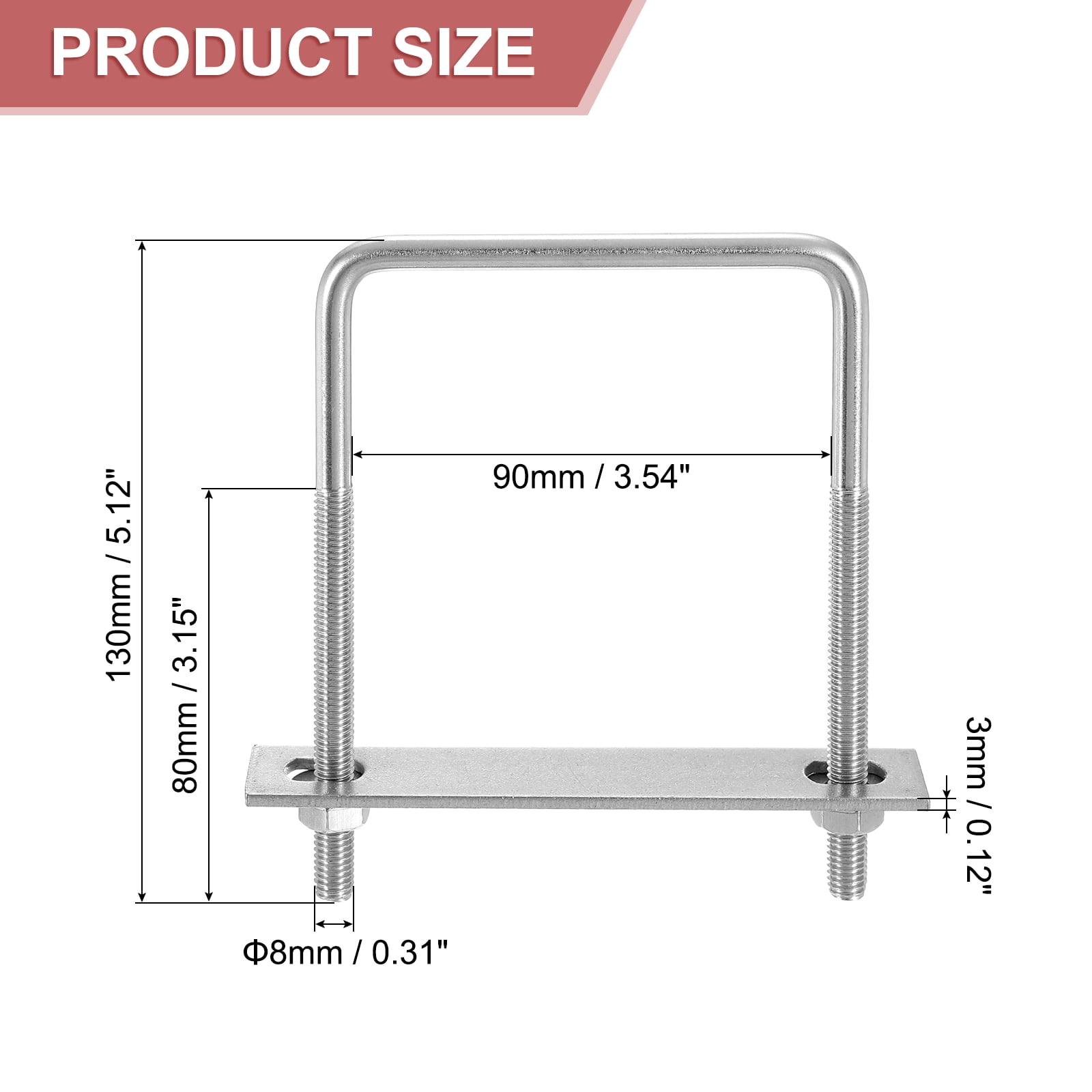 Uxcell 4 Sets 304 Stainless Steel Square U-Bolts, 3.54" Inner Width 5.12" Length M8