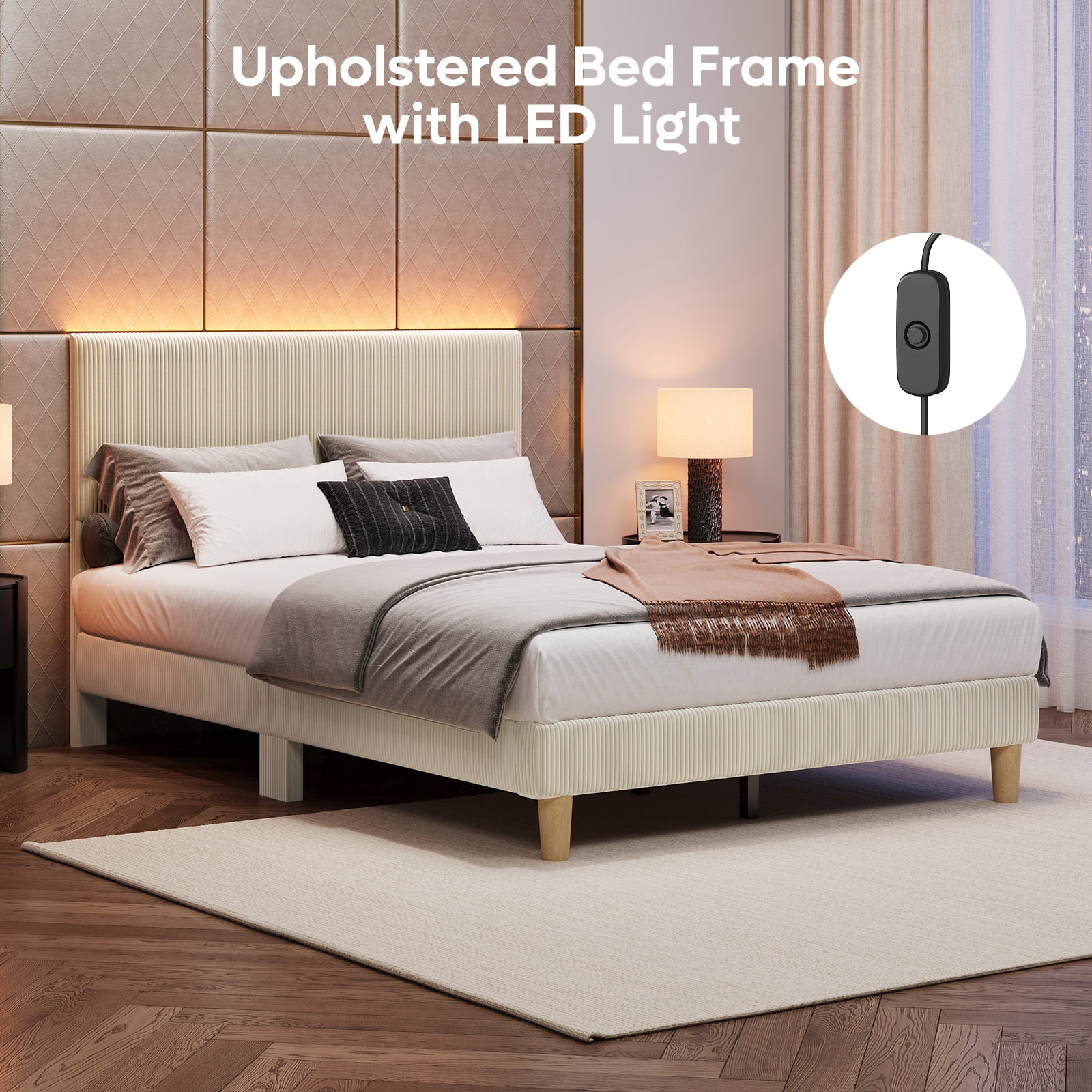 Bestier Corduroy Upholstered Queen Bed Frame with Adjustable Headboard, Platform Bed Frame with LED Light, Solid Wood Slats, No Box Spring Needed, Off White