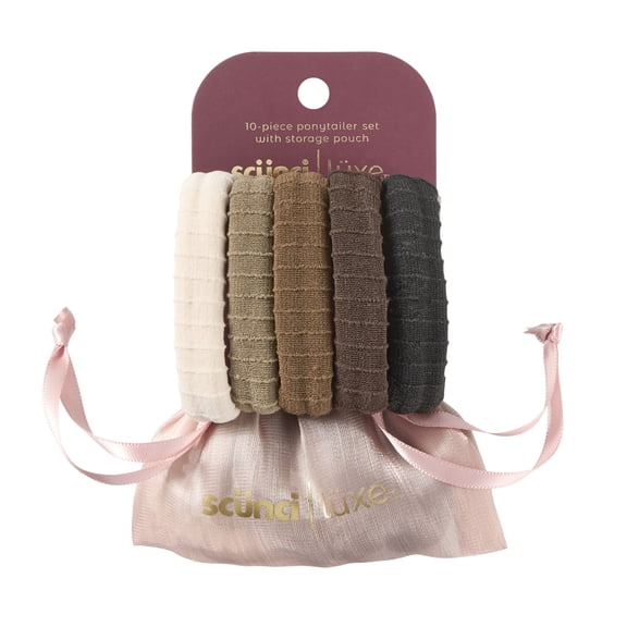 Scunci Luxe by Conair Striped Ponytailers, Multicolored Neutrals, with Storage Bag, 10 Count