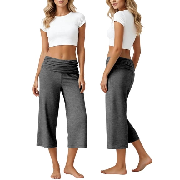 Pants for Women Capri Fold Over Cropped Pant Stretch Low Rise Wide Leg Yoga Bottoms, XL