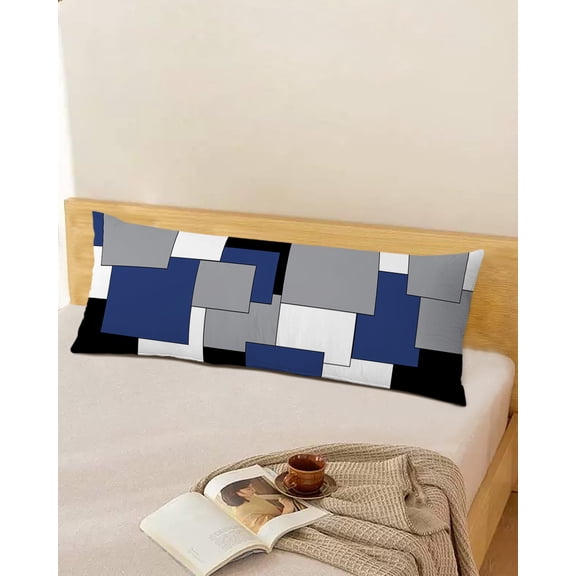 Abstract Geometric Body Throw Pillow Cover Case, Couch Sofa Bed Pillowcase, Soft Decorative Pillow Protector, Navy Blue Black Gray Color Block 20x54Inch Long Reversible Pillow Shams with Zipper