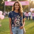thumbnail image 3 of Domzest Women Breast Cancer Awareness Tie Dye T Shirt Short Sleeve Round Neck Casual Graphic Tee Pink Ribbon Support Survivor Gift Summer Top Navy M, 3 of 6