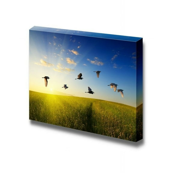 wall26 - Canvas Prints Wall Art - A Flock of Birds Flying Away in The Sunrise | Modern Wall Decor/Home Decoration Stretched Gallery Canvas Wrap Giclee Print. Ready to Hang - 16" x 24"