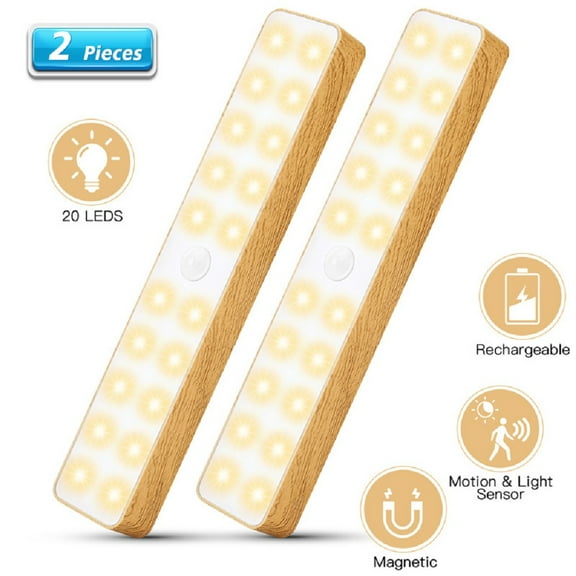 YUNOVA 2-Pack LED Motion Sensor Closet Lights, 20 Ultra-Bright LEDs with Magnetic & Adhesive Mounting, Rechargeable Wireless Under Cabinet Lighting for Kitchen/Wardrobe (Wood Grain)